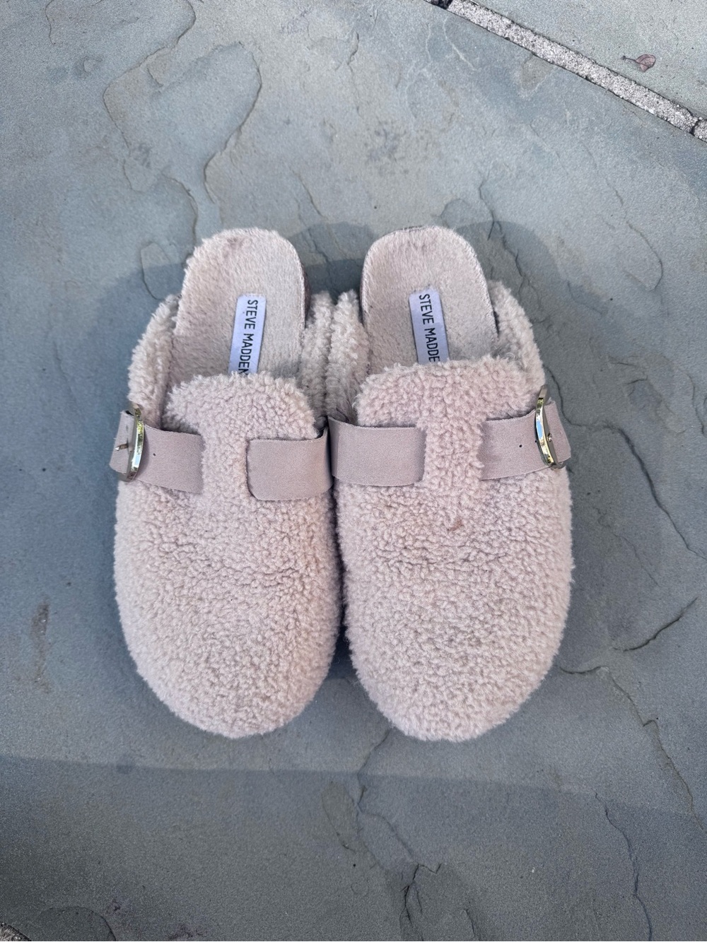 Steve Madden Plush Cream Shearling Buckle Mules